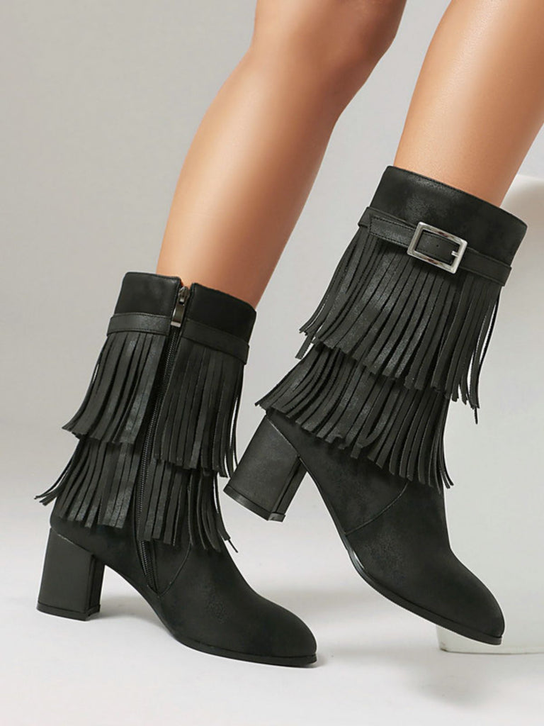 Vintage Solid Fringe Suede Chunky High Heel Boots - vintage shoes, retro heels