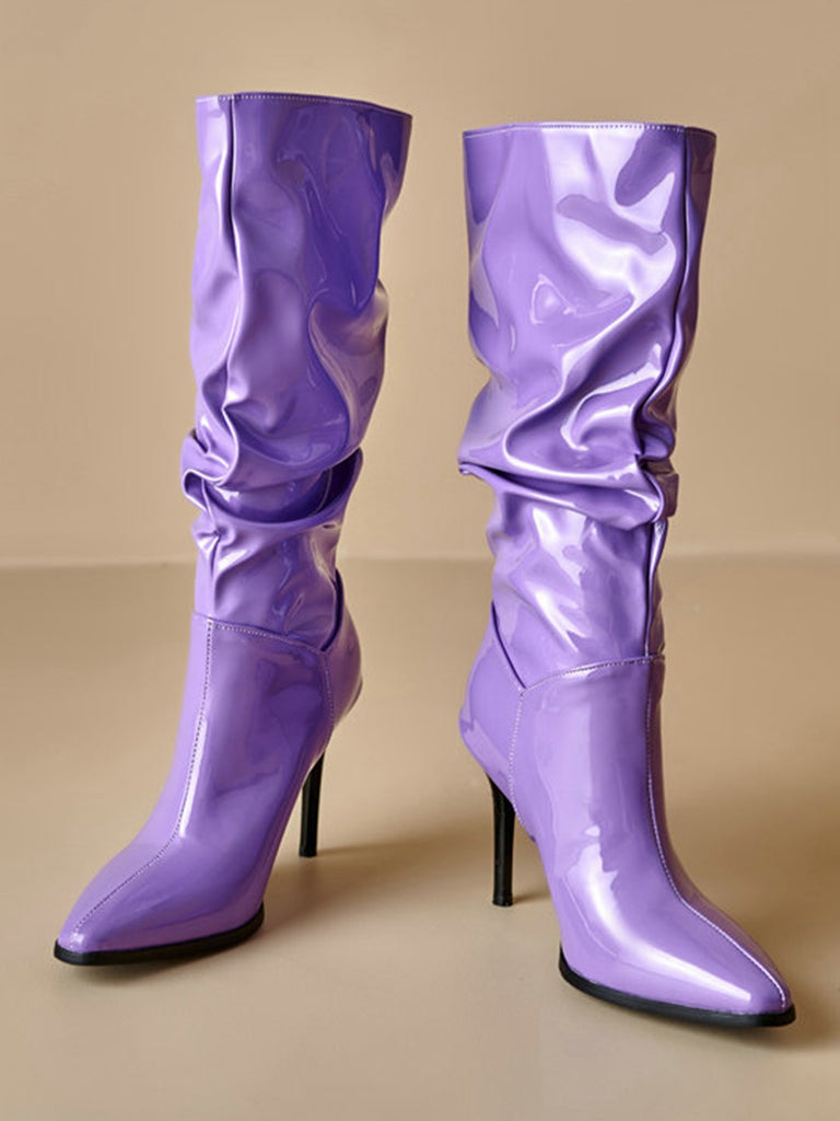 Vintage Solid Patent Leather Mid-Calf High Boots - vintage fashion, retro style