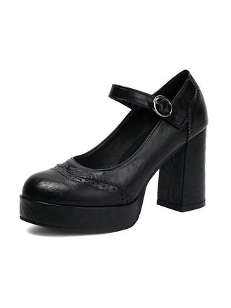 Vintage Solid Round Toe Buckle Chunky Heels - vintage shoes, retro heels