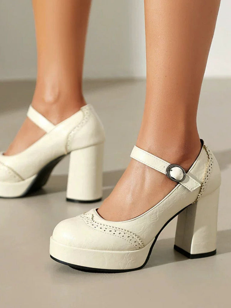Vintage Solid Round Toe Buckle Chunky Heels - vintage shoes, retro heels