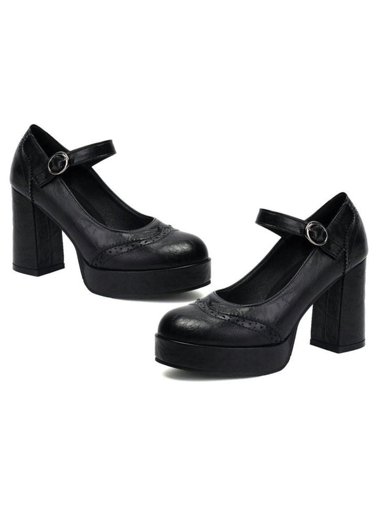 Vintage Solid Round Toe Buckle Chunky Heels - vintage shoes, retro heels