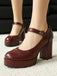 Vintage Solid Round Toe Buckle Chunky Heels - vintage shoes, retro heels