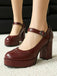 Vintage Solid Round Toe Buckle Chunky Heels - vintage shoes, retro heels