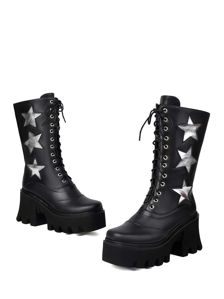 Vintage Steampunk Star Print Platform Mid-Calf Boots - vintage fashion, retro style