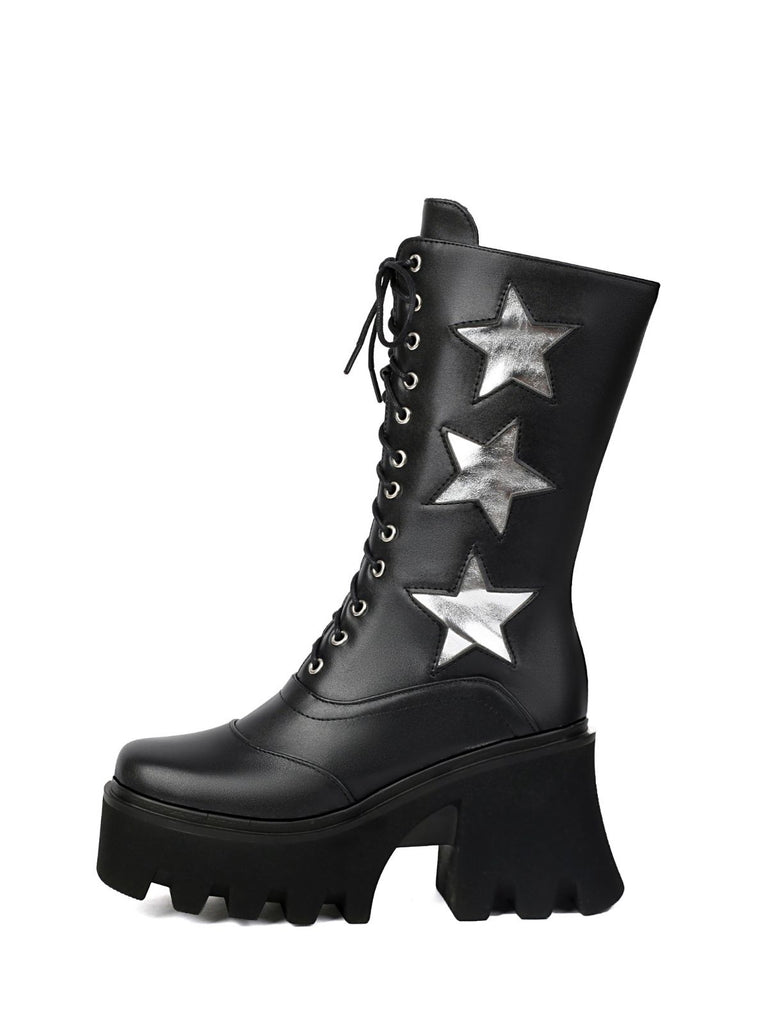 Vintage Steampunk Star Print Platform Mid-Calf Boots - vintage fashion, retro style