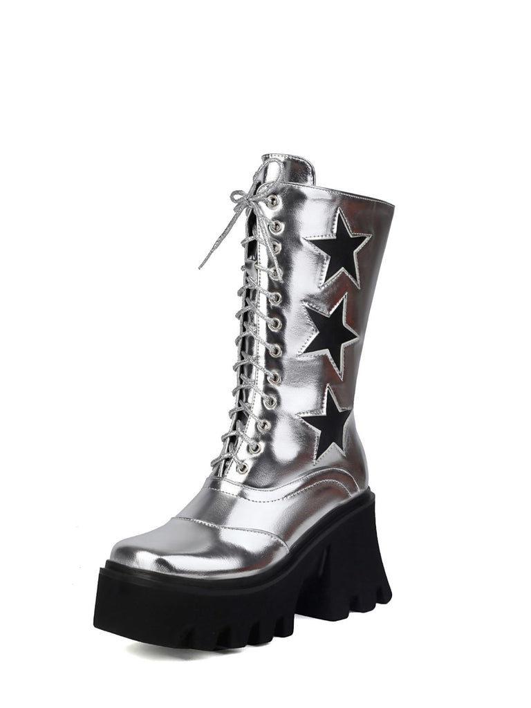 Vintage Steampunk Star Print Platform Mid-Calf Boots - vintage fashion, retro style