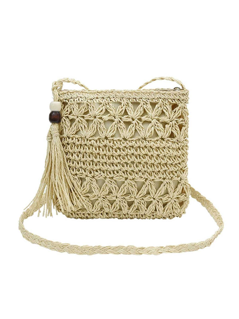Vintage Straw Wooden Beads Crossbody Bag - vintage fashion, retro style