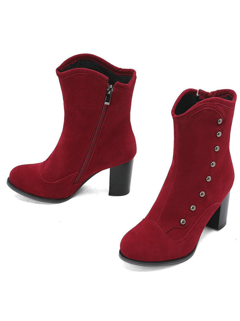 Vintage Suede Faux Fur Lining Studded Mid-Calf Boots - vintage fashion, retro style