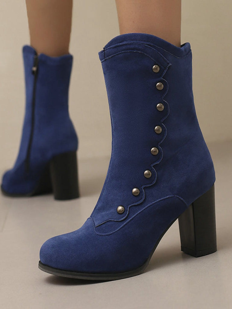 Vintage Suede Faux Fur Lining Studded Mid-Calf Boots - vintage fashion, retro style