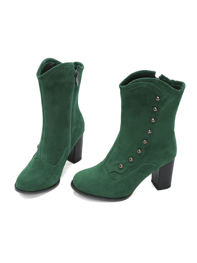Vintage Suede Faux Fur Lining Studded Mid-Calf Boots - vintage fashion, retro style