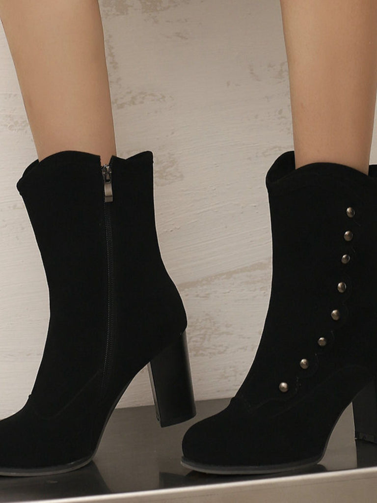 Vintage Suede Faux Fur Lining Studded Mid-Calf Boots - vintage fashion, retro style