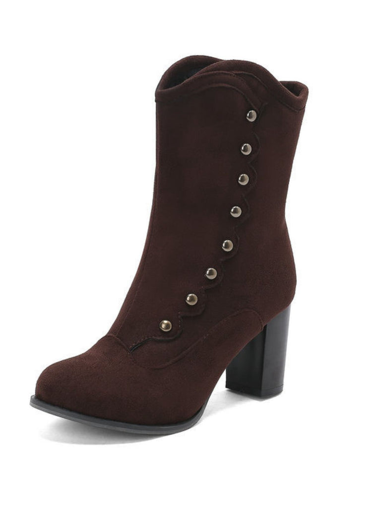 Vintage Suede Faux Fur Lining Studded Mid-Calf Boots - vintage fashion, retro style