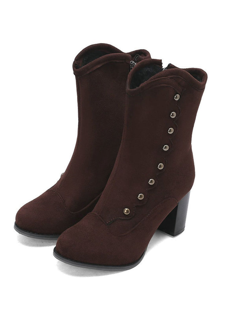 Vintage Suede Faux Fur Lining Studded Mid-Calf Boots - vintage fashion, retro style