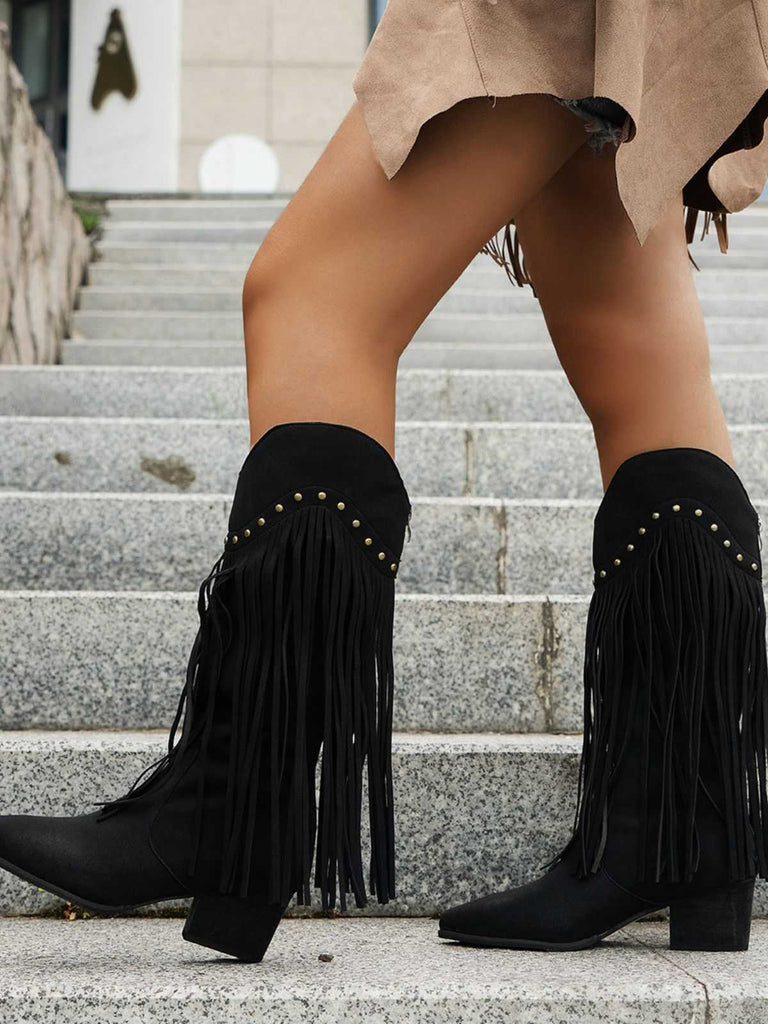 Vintage Tassel Chunky High-heeled Boots - vintage shoes, retro heels