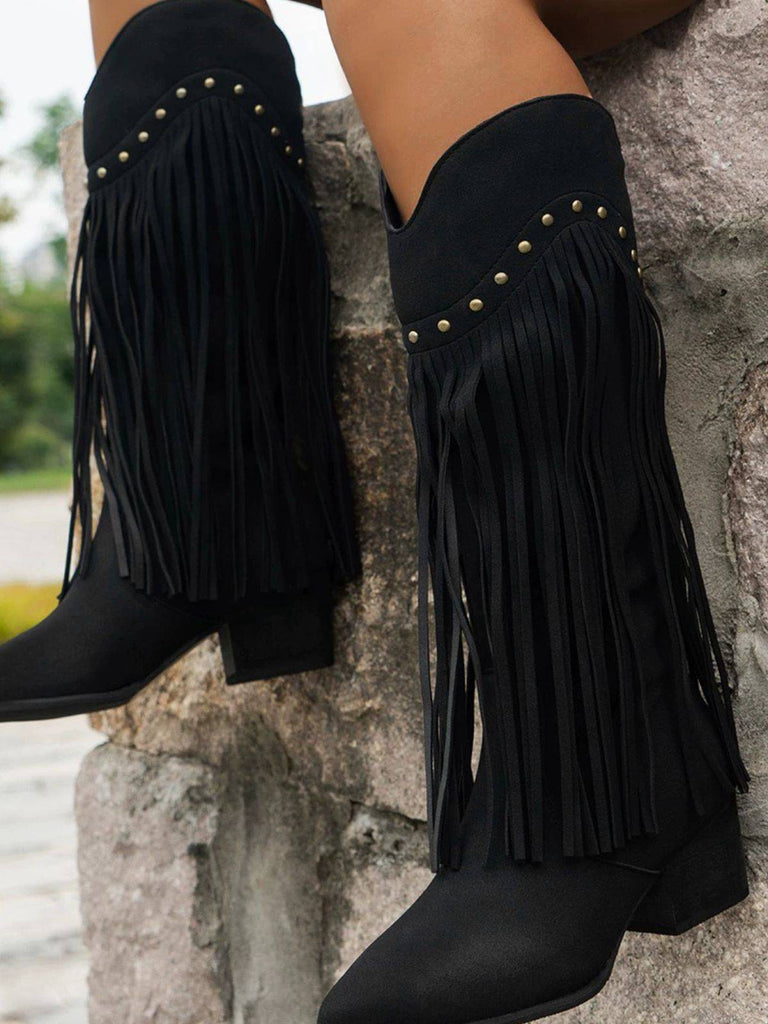 Vintage Tassel Chunky High-heeled Boots - vintage shoes, retro heels