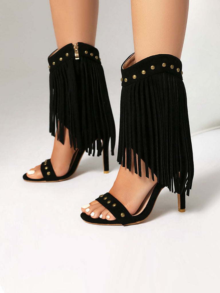 Vintage Tassel Studded Stiletto Boots - vintage fashion, retro style