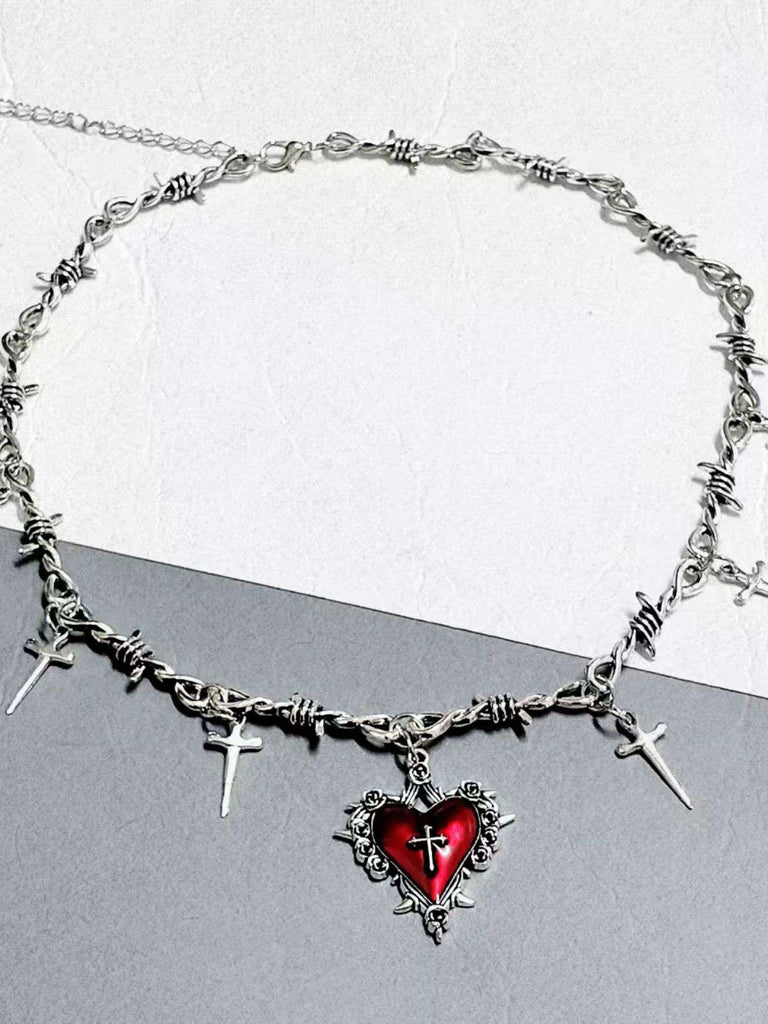 Vintage Wine Red Heart Cross Necklace - vintage fashion, retro style, elegant red