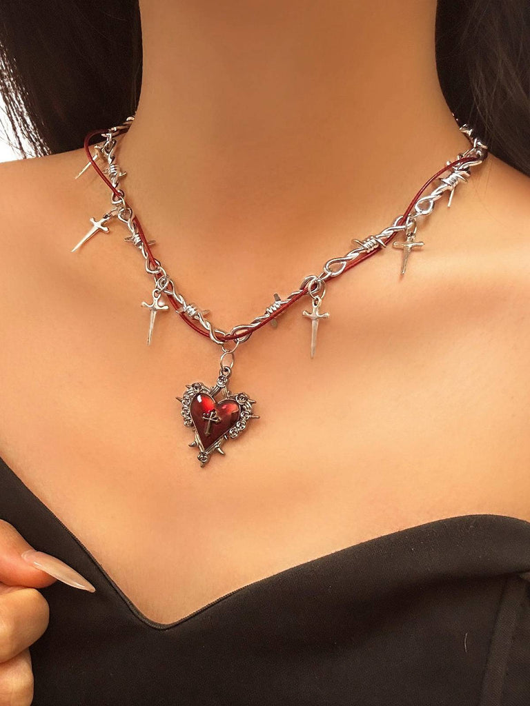 Vintage Wine Red Heart Cross Necklace - vintage fashion, retro style, elegant red