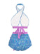 This Violet 1970s Paisley Print Cross-Halter Swimsuit carries 1970s vacation dreams in every stitch