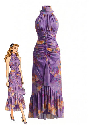 Violet 1970s Floral Vintage Classic Dress