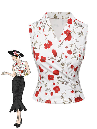 White 1930s Floral Asymmetric Lapel Top - vintage fashion, retro style, pure white