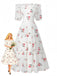 White 1930s Floral Ruffled Off-Shoulder Puff Dress - vintage dress, retro fashion, pure white