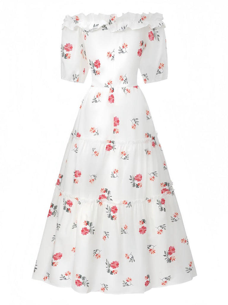 White 1930s Floral Ruffled Off-Shoulder Puff Dress - vintage dress, retro fashion, pure white