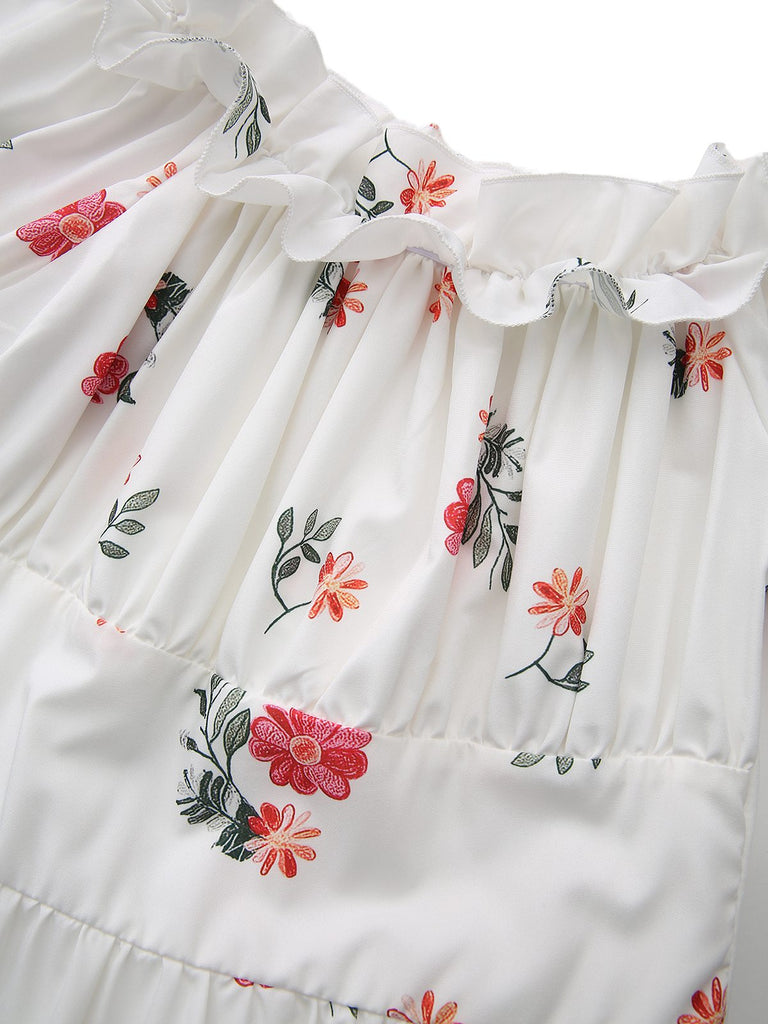White 1930s Floral Ruffled Off-Shoulder Puff Dress - vintage dress, retro fashion, pure white