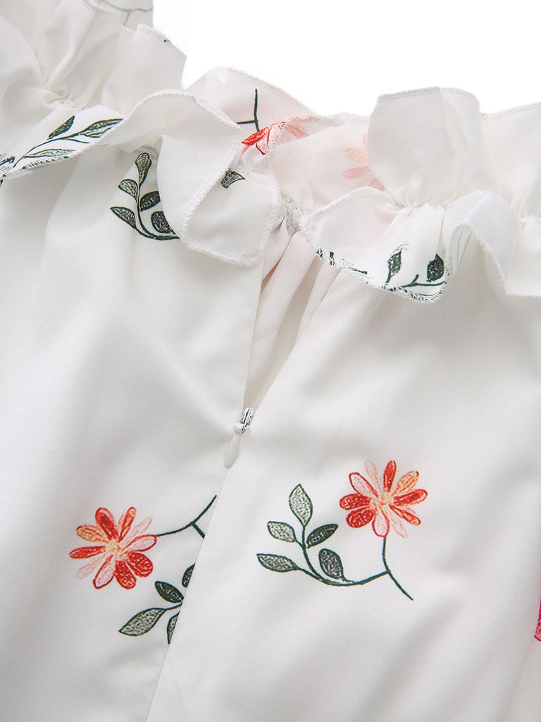 White 1930s Floral Ruffled Off-Shoulder Puff Dress - vintage dress, retro fashion, pure white