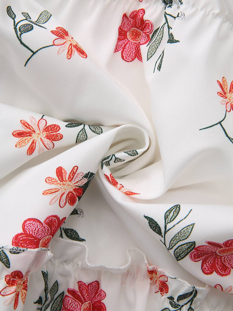 White 1930s Floral Ruffled Off-Shoulder Puff Dress - vintage dress, retro fashion, pure white