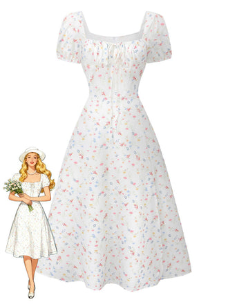 White 1930s Floral Square Neck Puff Sleeve Dress - vintage dress, retro fashion, pure white
