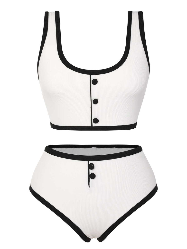 She's wearing White 1930s Knit Contrast Swimsuit and the whole beach remembers the 1930s