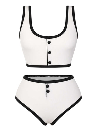 She's wearing White 1930s Knit Contrast Swimsuit and the whole beach remembers the 1930s