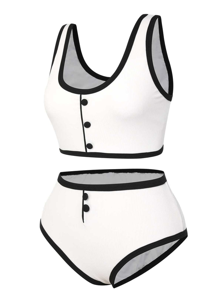 White 1930s Knit Contrast Swimsuit: 1930s Riviera elegance, reimagined for her
