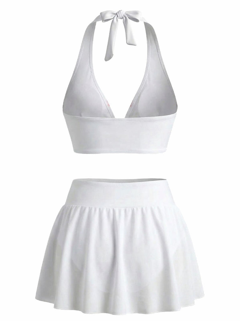 White 1930s Lily Floral Halter Wrap Mesh Skirt Bikini Set | vintage skirt, retro style, swing skirt - perfect for retro fashion enthusiasts