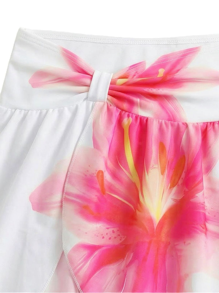 White 1930s Lily Floral Halter Wrap Mesh Skirt Bikini Set: beautiful vintage skirt, retro style, swing skirt with timeless appeal