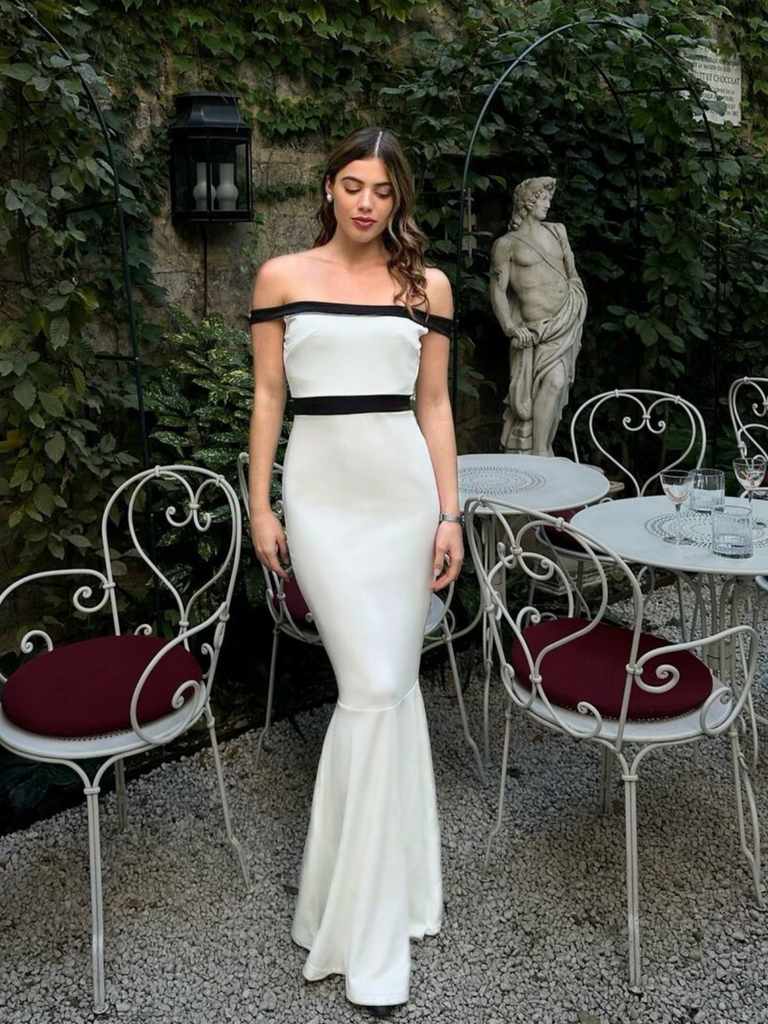 White 1930s Off-Shoulder Fishtail Dress: where 1930s romance meets her modern spirit