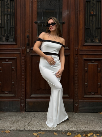 White 1930s Off-Shoulder Fishtail Dress - vintage dress, retro fashion, pure white