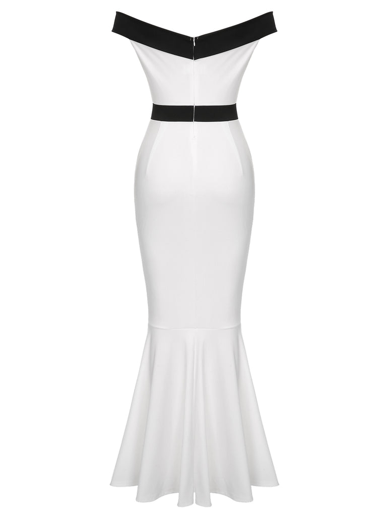 This White 1930s Off-Shoulder Fishtail Dress wraps her in 1930s elegance, one twirl at a time