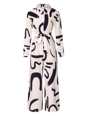 She finds her 1930s story in this White 1930s Random Brush Ink Lapel Jumpsuit