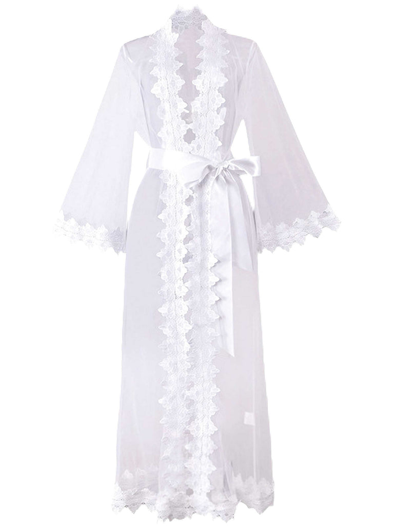 White 1930s Sheer Mesh Lace Nightdress Set - vintage dress, retro fashion, pure white