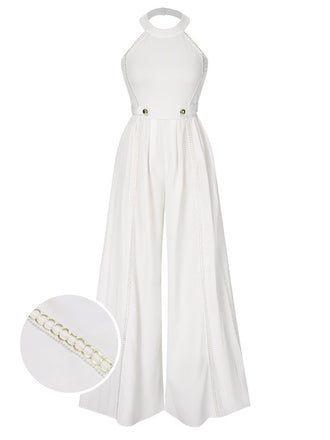White 1930s Solid Chain Embellished Halter Jumpsuit, vintage romper, retro jumpsuit - perfect for women who love vintage and retro fashion