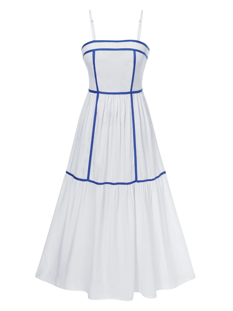 She slips into this White 1930s Spaghetti Straps Blue Lines Dress and suddenly it's a 1930s daydream