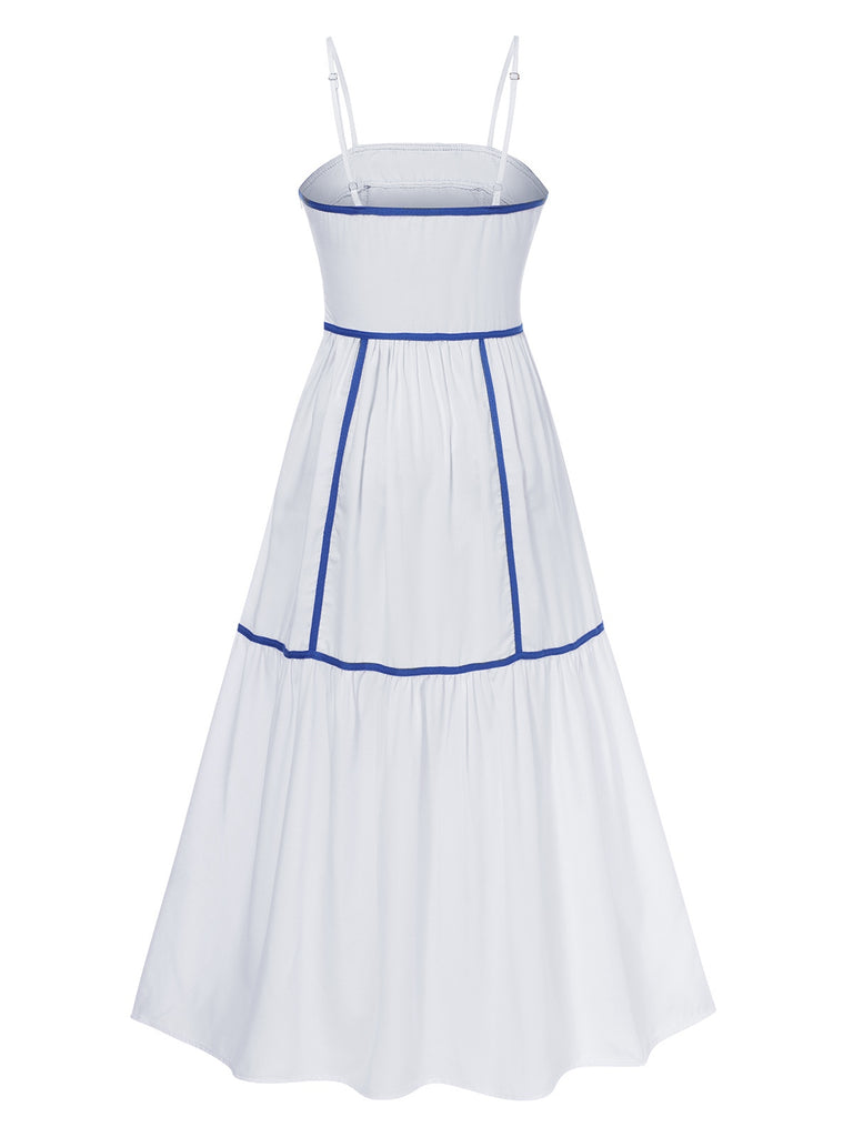 White 1930s Spaghetti Straps Blue Lines Dress, vintage dress, retro fashion - perfect for women who love vintage and retro fashion