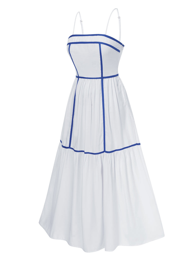 White 1930s Spaghetti Straps Blue Lines Dress, vintage dress, retro fashion - perfect for women who love vintage and retro fashion