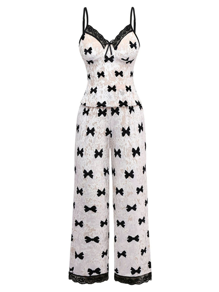White 1940s Bow Print Velvet Pajama Set, vintage fashion, retro style - perfect for women who love vintage and retro fashion