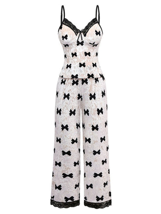 White 1940s Bow Print Velvet Pajama Set, vintage fashion, retro style - perfect for women who love vintage and retro fashion