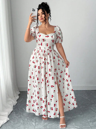 [Plus Size] White 1940s Cherry Print Slit Maxi Dress - vintage dress, retro fashion for vintage lovers
