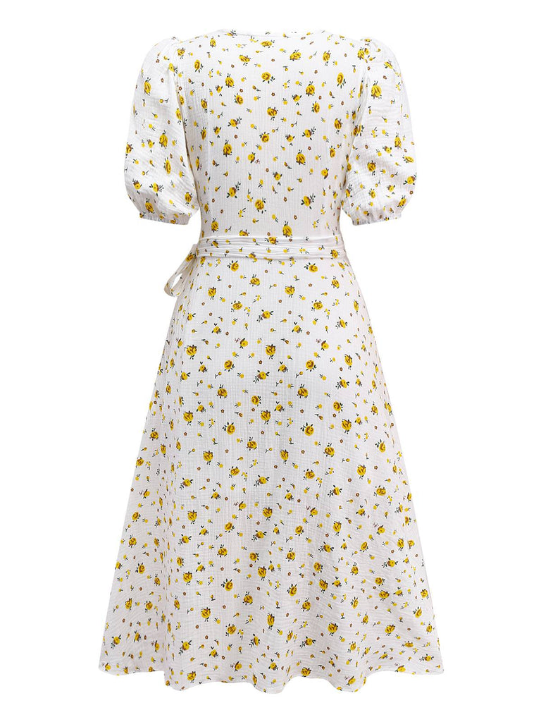 White 1940s Ditsy Floral Cotton Wrap Dress - vintage dress, retro fashion, pure white
