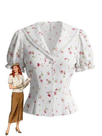White 1980s Floral Vintage Classic Blouse